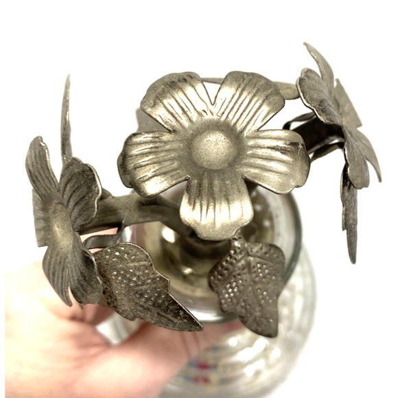 Vintage Mercury Glass Ribbed Bottle with Ornate Floral Silvertone Metal Stopper - Picture 2 of 10